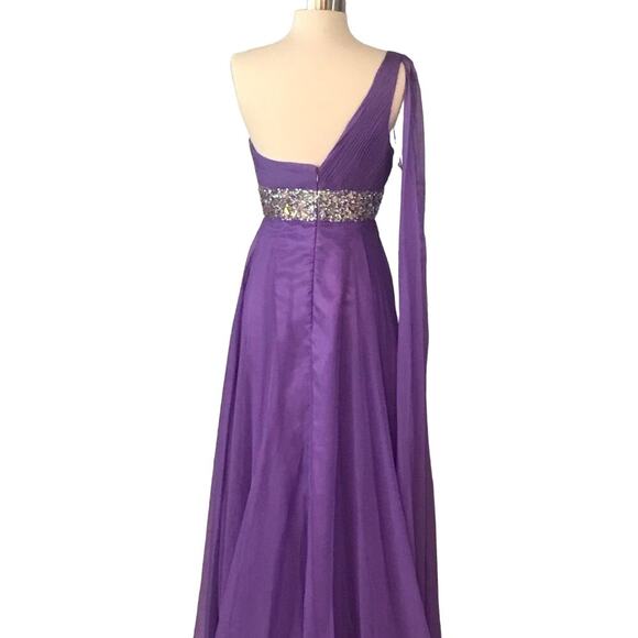 TEMPTATION Purple Lilac Gown Chiffon One Shoulder Embellished Rhinestone Dress 2 - Picture 3 of 7
